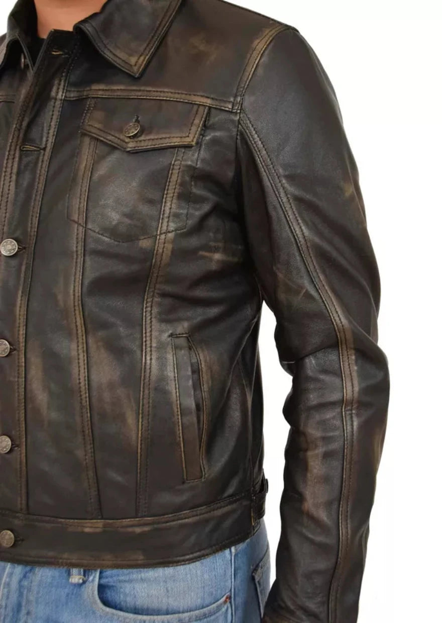 Picture of a model wearing our  Brown Leather Trucker Jacket, close up view.