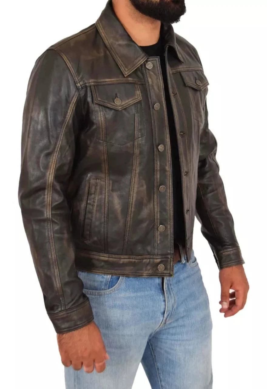 Picture of a model wearing our Mens Brown Leather Trucker Jacket, side view.