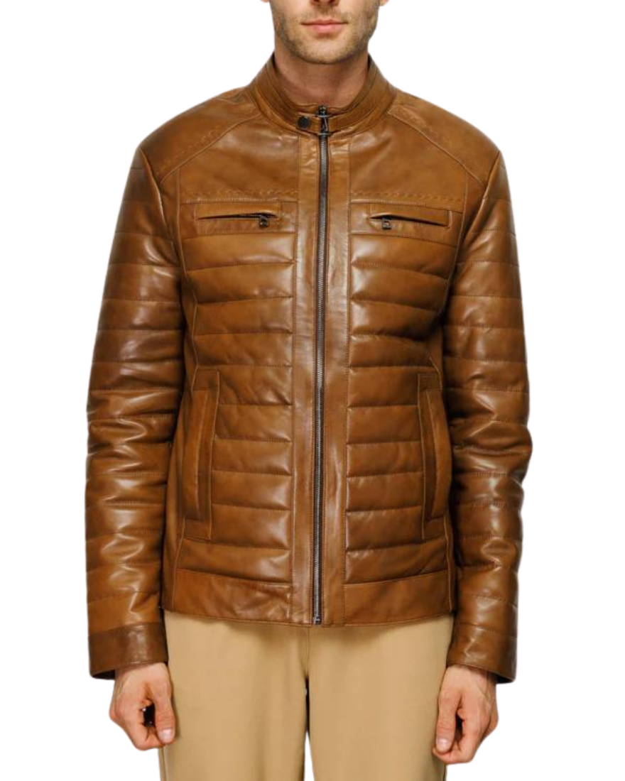 Picture of a model wearing our  Mens Brown Quilted Leather Jacket, front View
