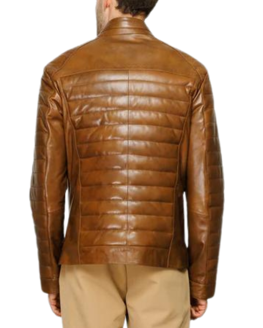 Picture of a model wearing our  Mens Brown Quilted Leather Jacket, back View