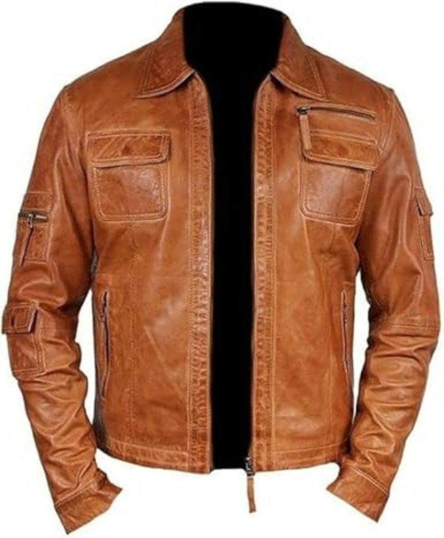 Picture of our Mens Camel Color Leather Jacket on a mannequin, front view.
