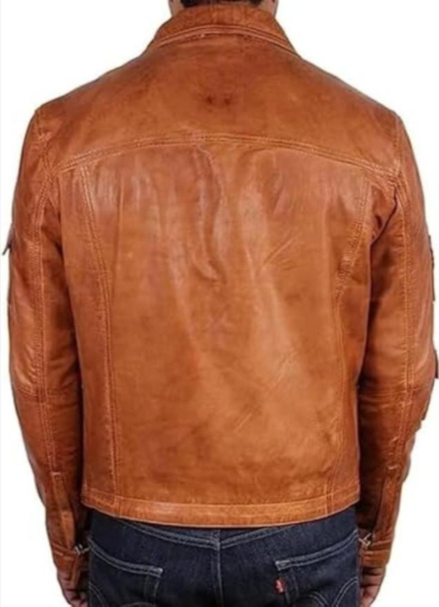 Picture of our Mens Camel Leather Jacket on a model, back view.