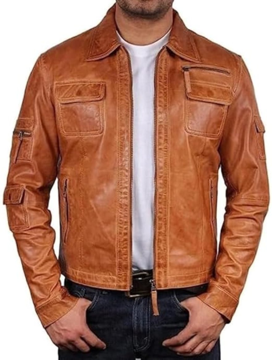 Picture of our Mens Camel Leather Jacket on a model, front view.