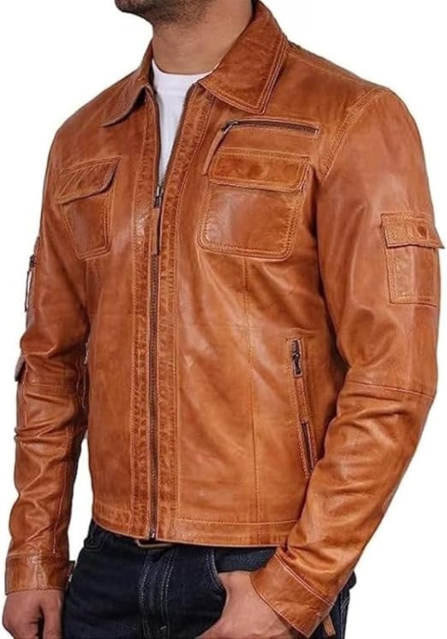 Picture of our Mens Camel Leather Jacket on a model, side view.