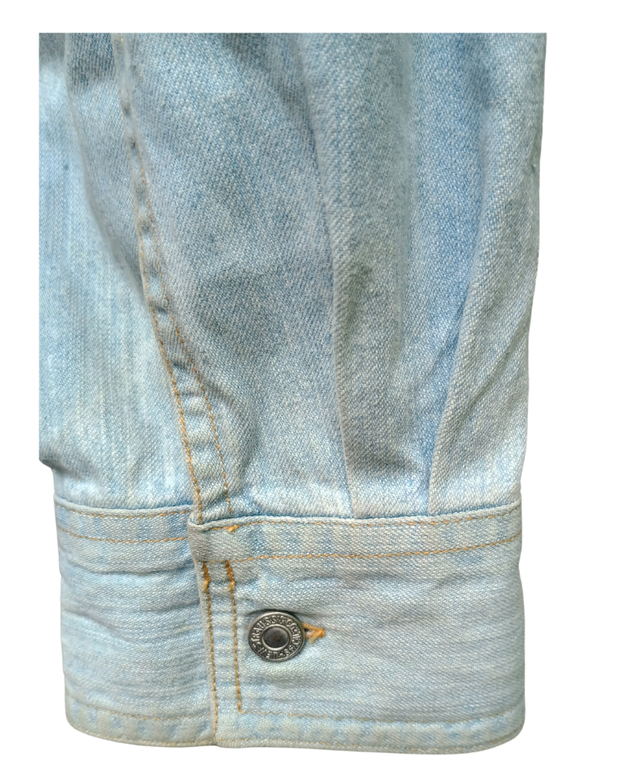 Picure of a denim shirt that our customer wants us to duplicate as a Mens Custom Made Leather Shirt, close up view of the slee3ve end.