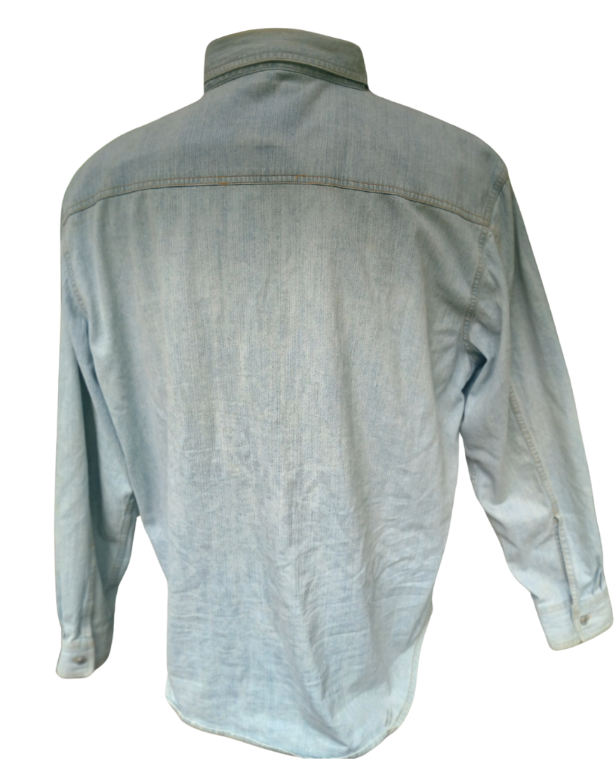 Picure of a denim shirt that our customer wants us to duplicate as a Mens Custom Made Leather Shirt, back view.