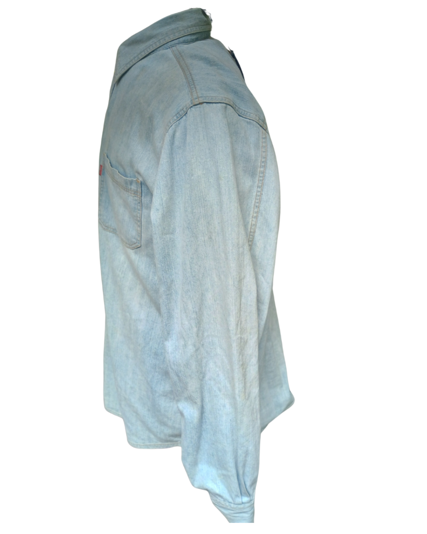 Picure of a denim shirt that our customer wants us to duplicate as a Mens Custom Made Leather Shirt, side view.
