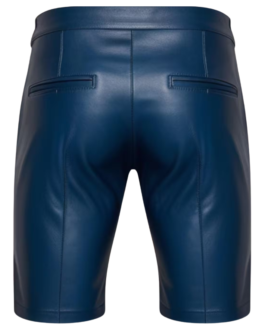 Picture o our Mens Dark Blue Leather Shorts, back view.