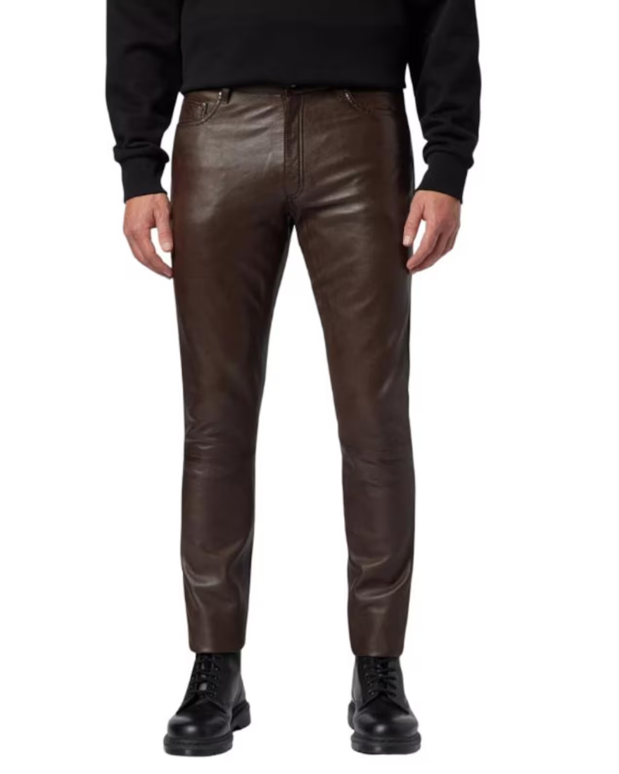 A model wearing our Mens Dark Brown Leather Pants - front view.