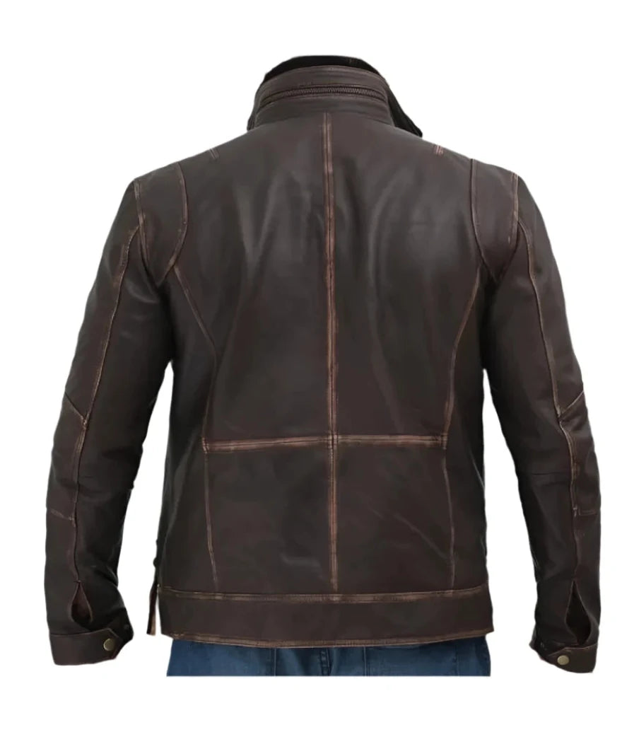 Picture of our Mens Distressed Dark Brown Leather Jacket on a mannequin, back view.