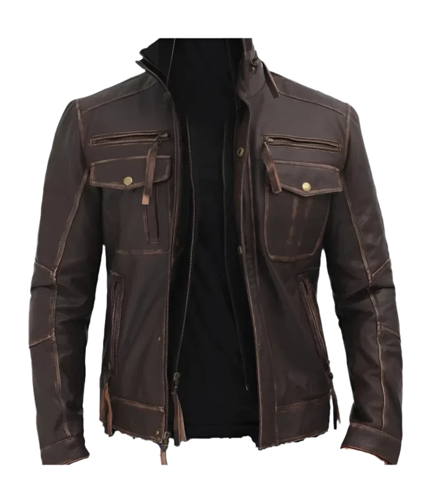 Picture of our Mens Distressed Dark Brown Leather Jacket on a mannequin, front view, with zipper open.