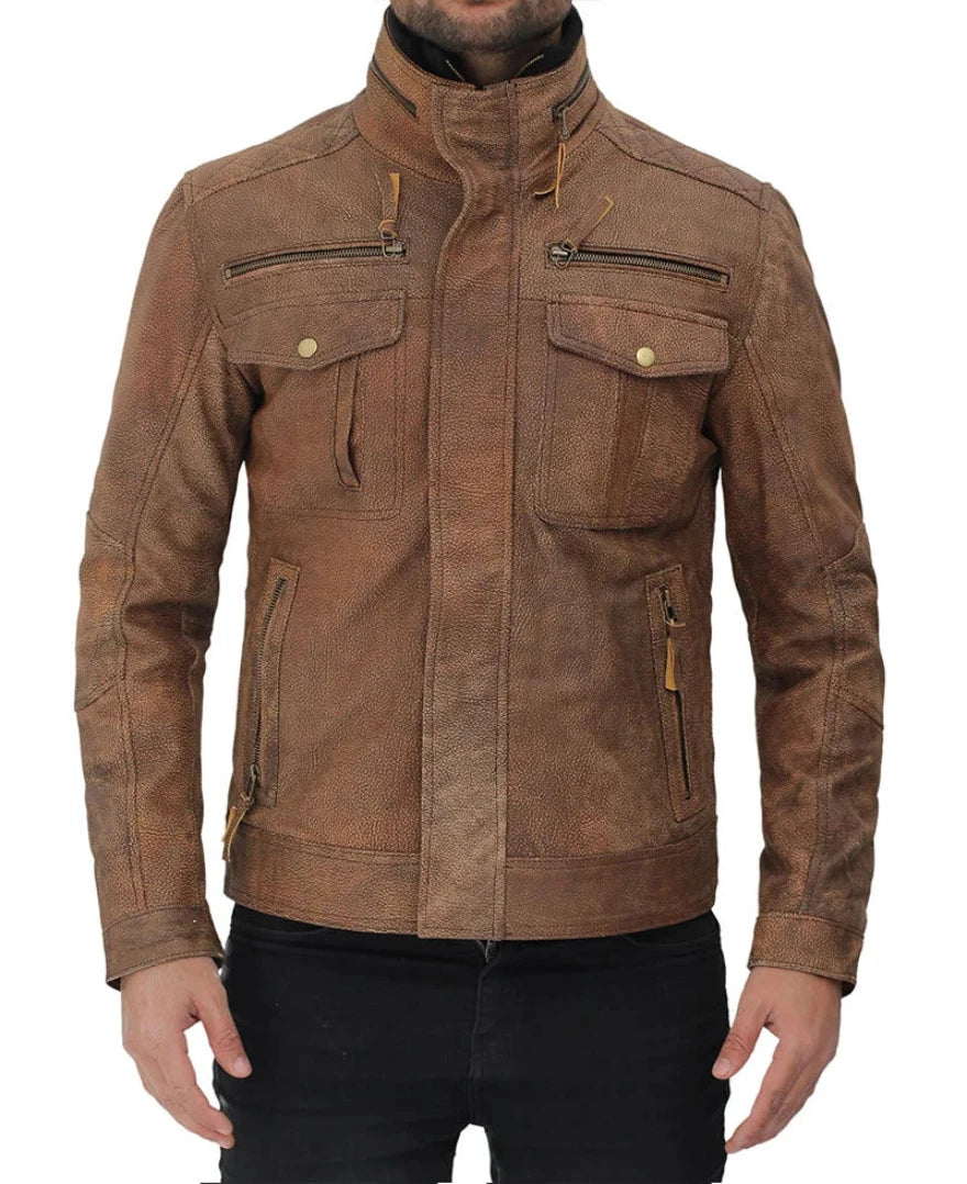 Picture of a model wearing our Mens Distressed camel Brown Leather Jacket front view with zipper closed.