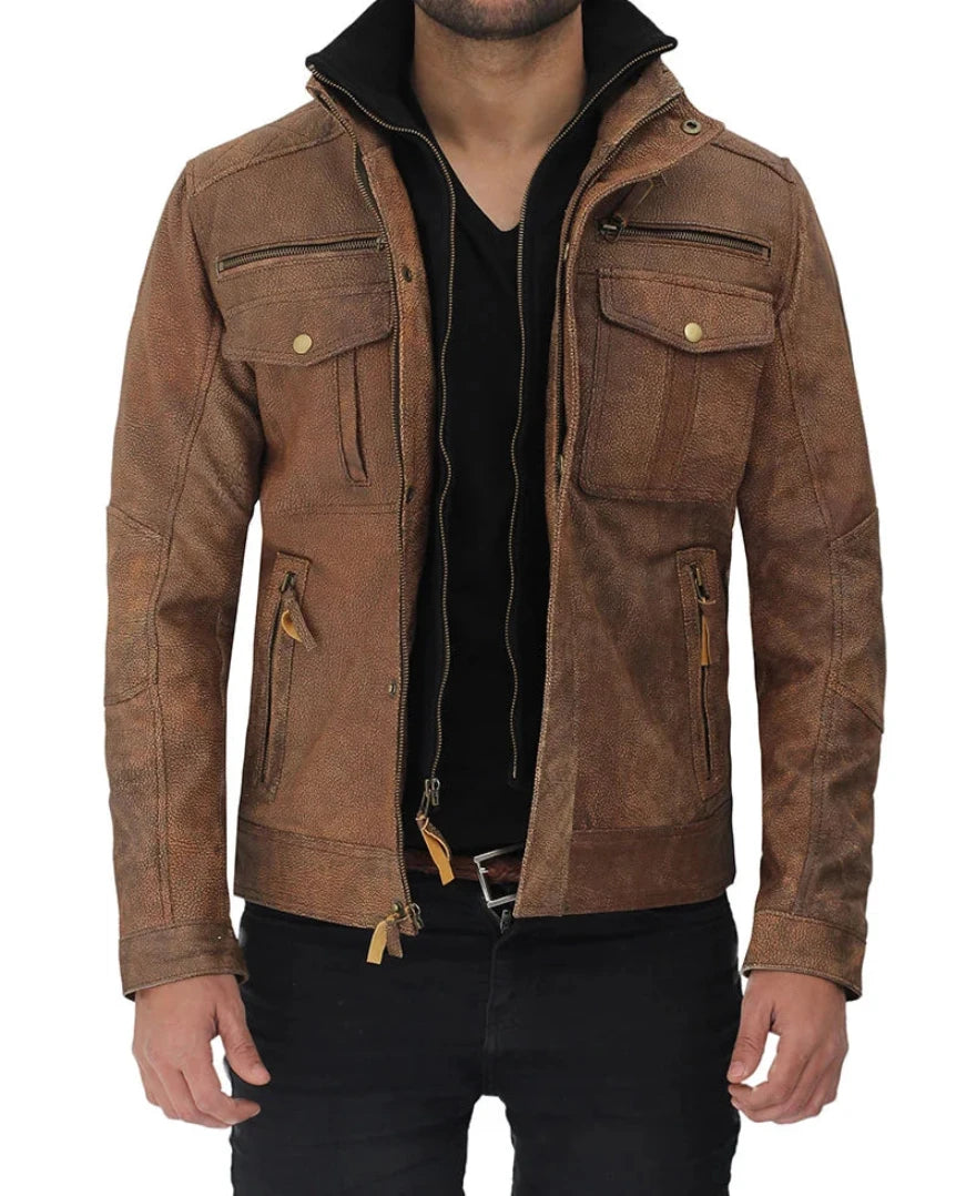 Picture of a model wearing our Mens Distressed camel Brown Leather Jacket front view, with zipper open.