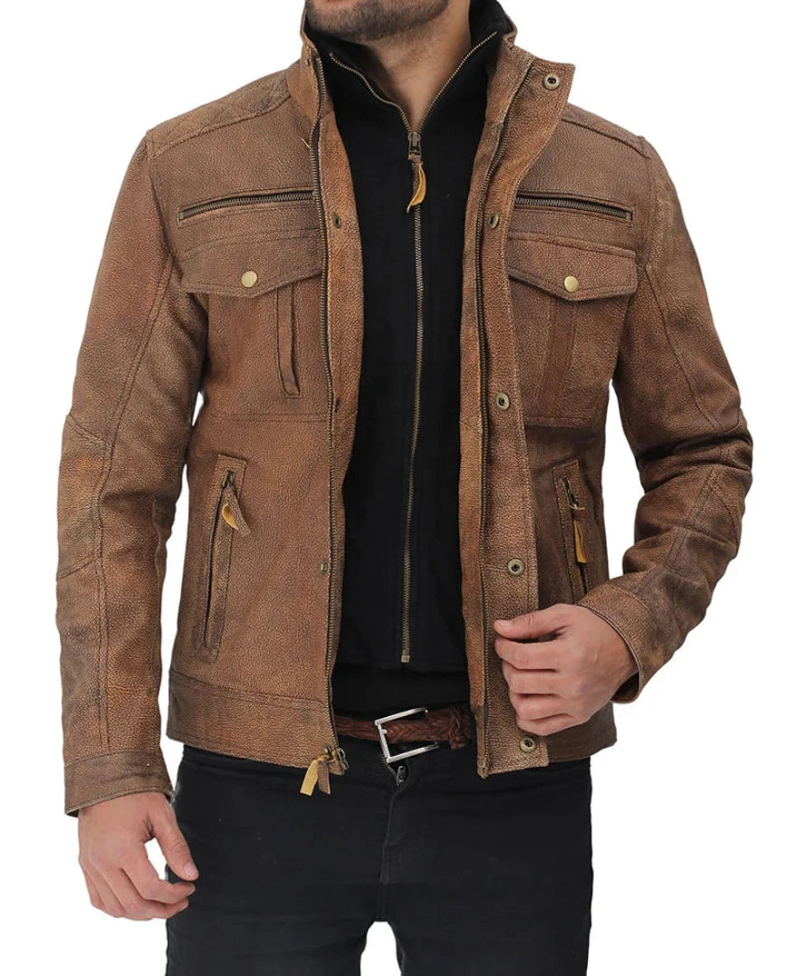 Picture of a model wearing our Mens Distressed camel Brown Leather Jacket front view.