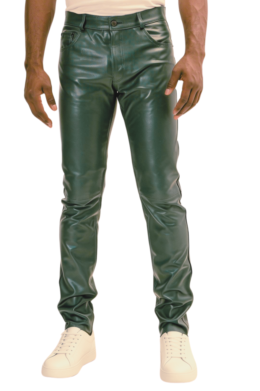Green leather pants on a model, from waist down, on a white background, front view.