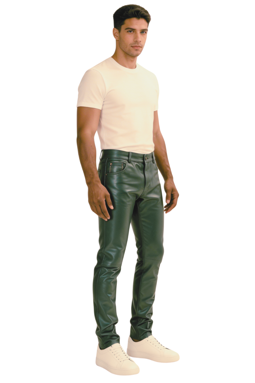 Green leather pants on a model, on a white background, front view.