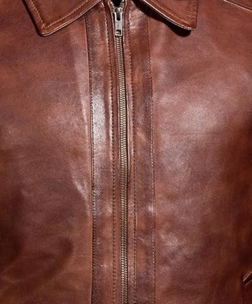Picture of our Mens Leather Jacket Dark Brown, close up of zipper.