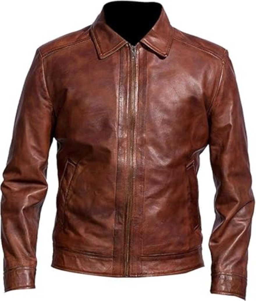 Picture of our Mens Leather Jacket Dark Brown on a mannequin, front view.