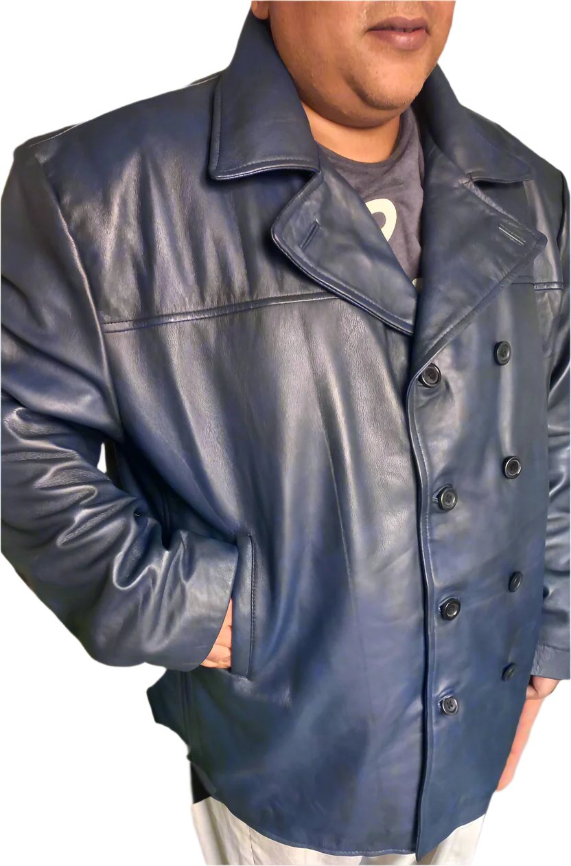 Picture of model wearing mens leather pea coat in navy, front view.