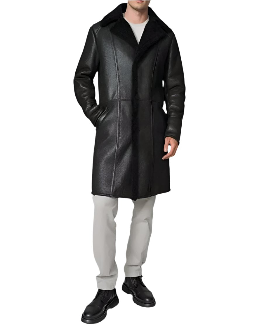 Picture of our Mens Leather Shearling Trench Coat in black on a model, front view.