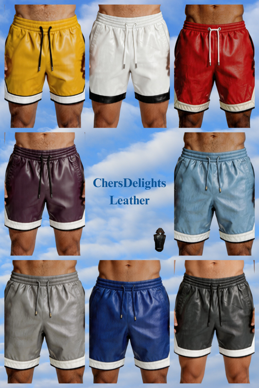 Collage of men wearing leather shorts in various colors with 'ChersDelights Leather' branding.