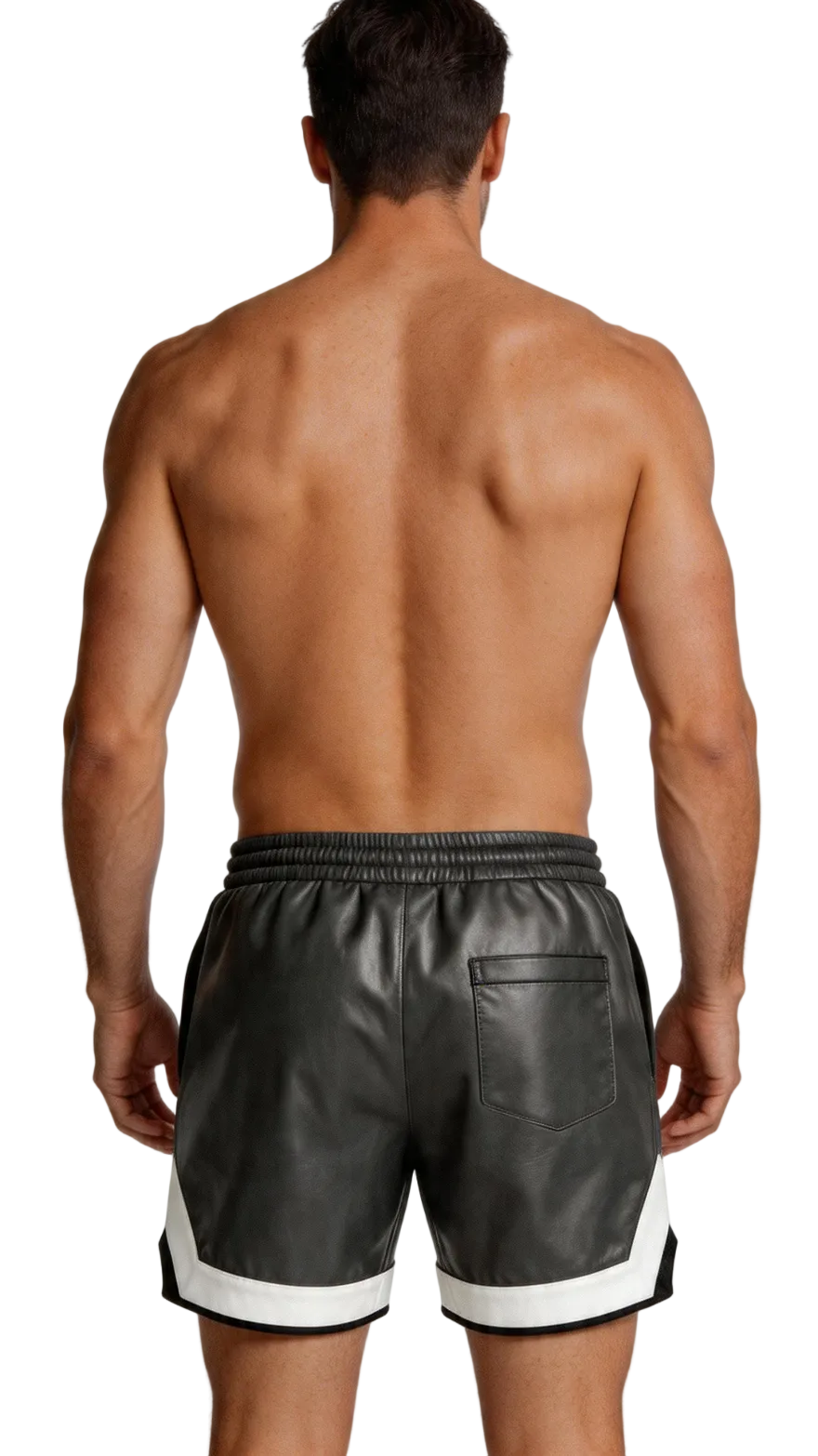 Man wearing black leather shorts with white trim on a white background, back view.