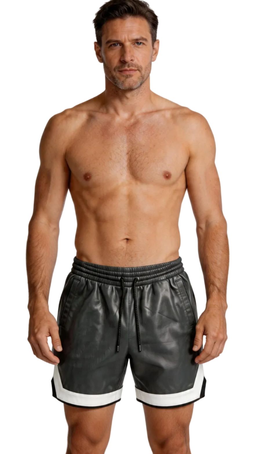 Man wearing black leather shorts with white trim on a white background