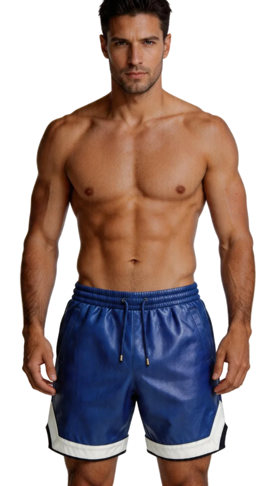 Man wearing blue leather shorts on a white background
