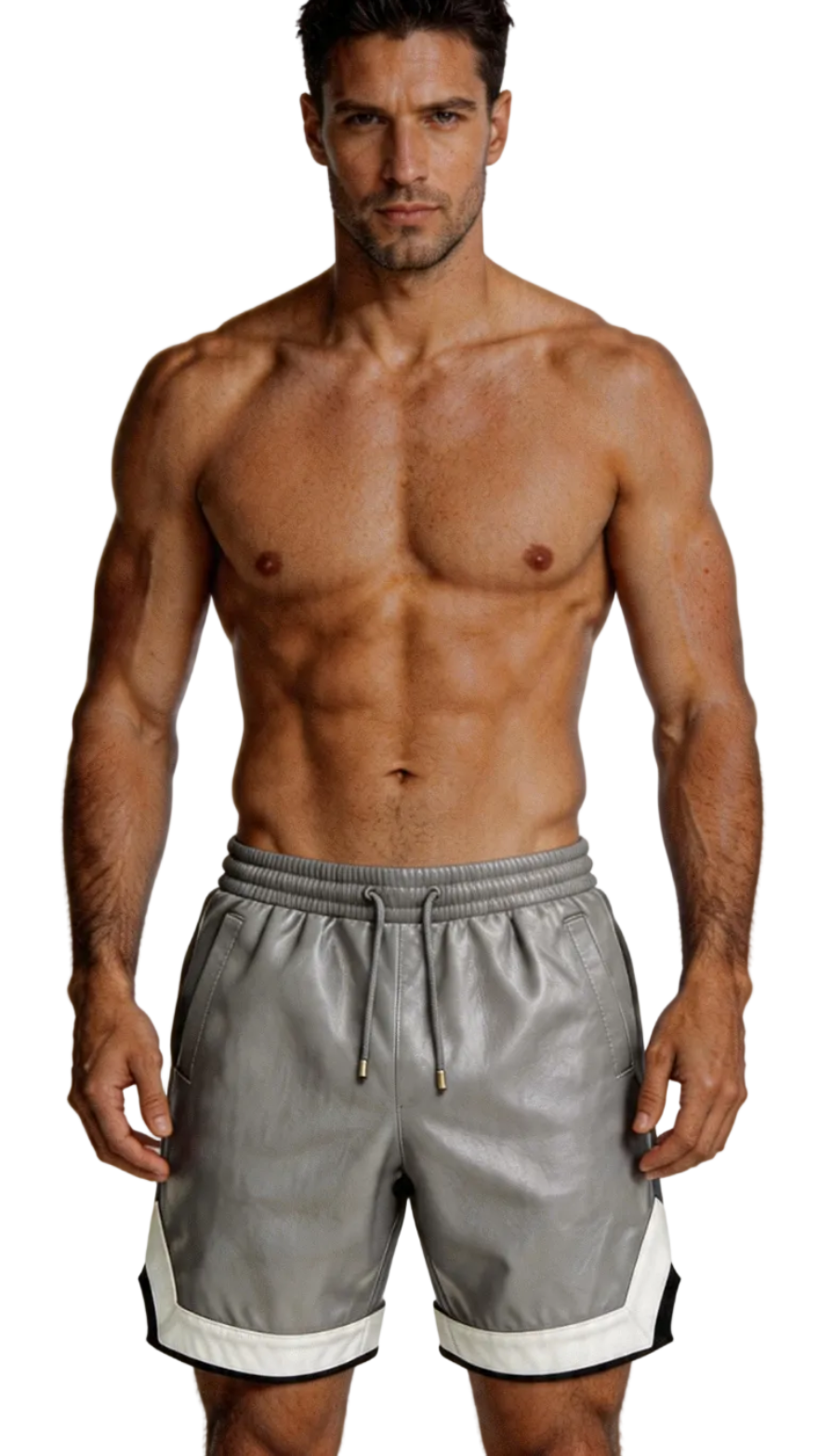 Man wearing gray leather shorts on a white background