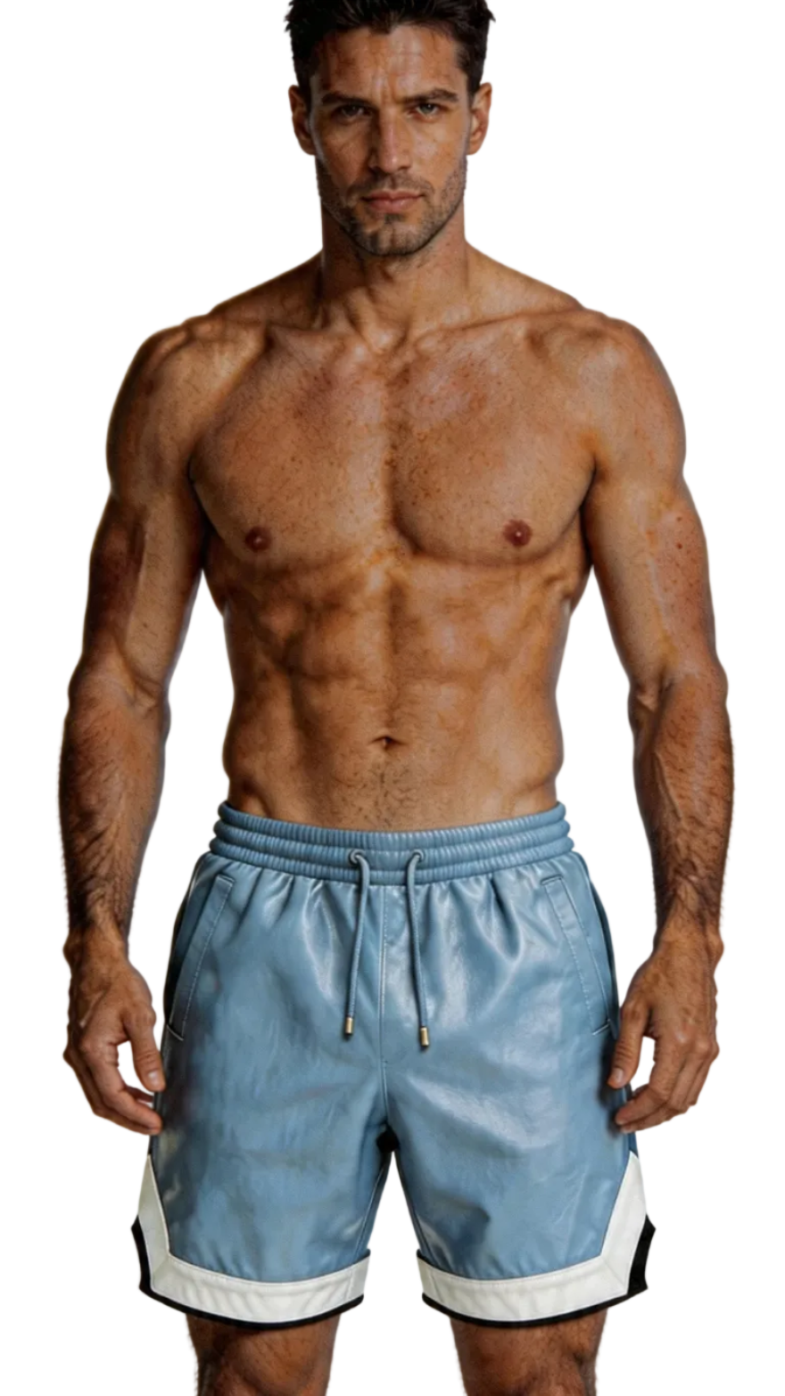 Man wearing light blue leather shorts against a white background