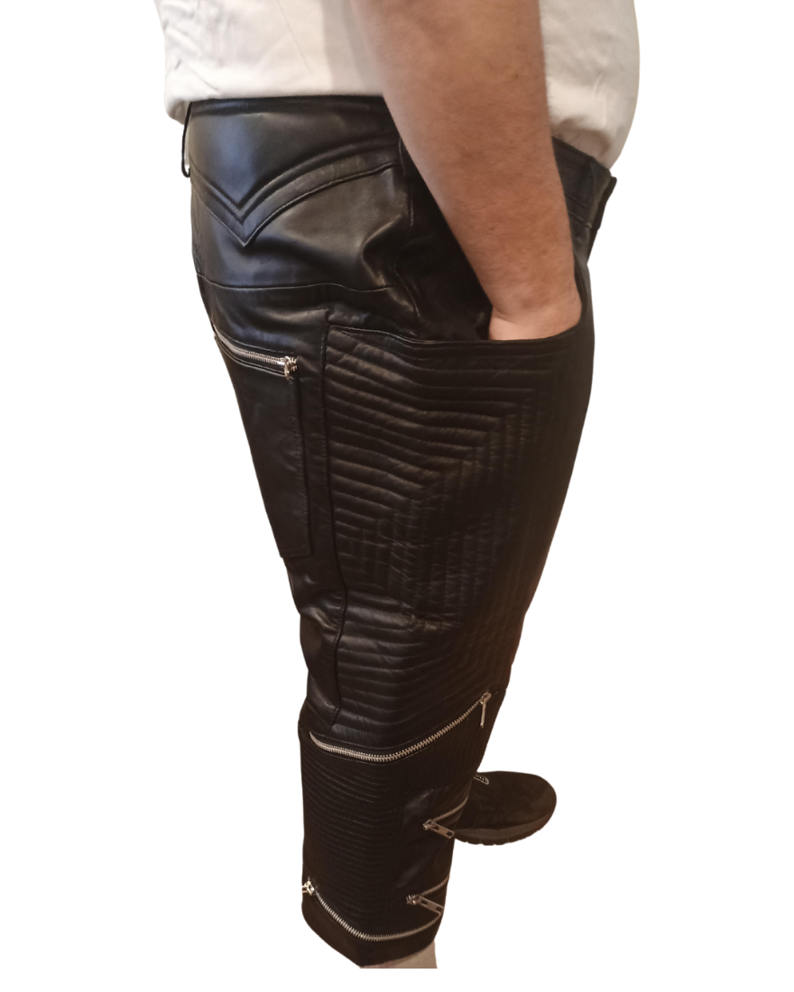 Picture of our Mens Leather Shorts With Zippers on a model, side view.