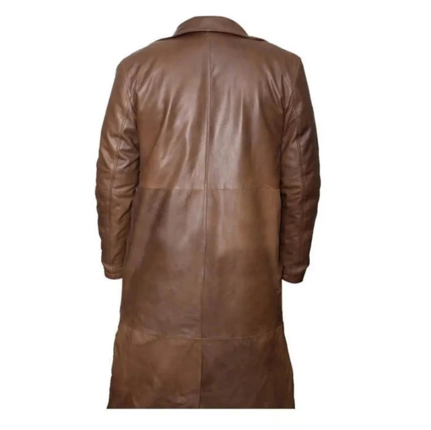 Picture of our Mens Leather Trench Coat Brown on a mannequin, back view.