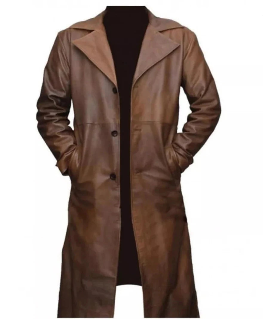 Picture of our Mens Leather Trench Coat Brown on a mannequin, front view.