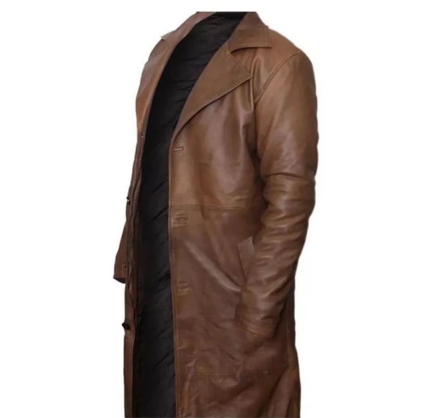 Picture of our Mens Leather Trench Coat Brown on a mannequin, side view.