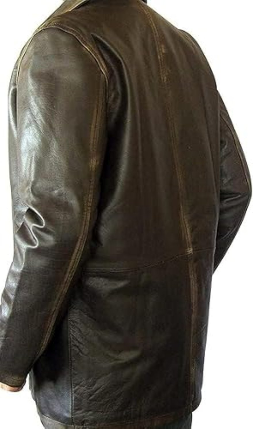 Picture of a model wearing our Mens Leather Trench Coat Dark Brown, back view.