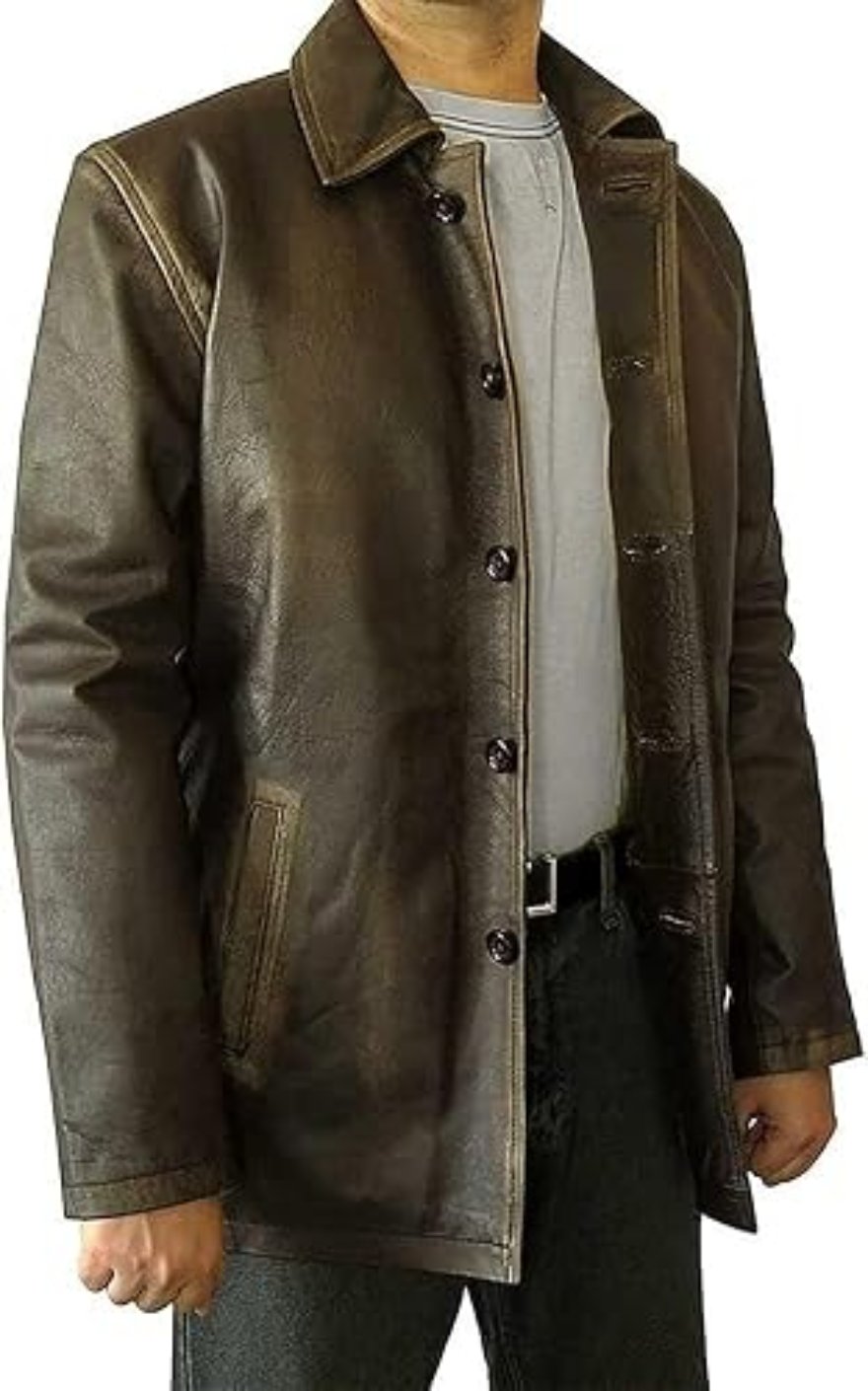 Picture of a model wearing our Mens Leather Trench Coat Dark Brown, front view.