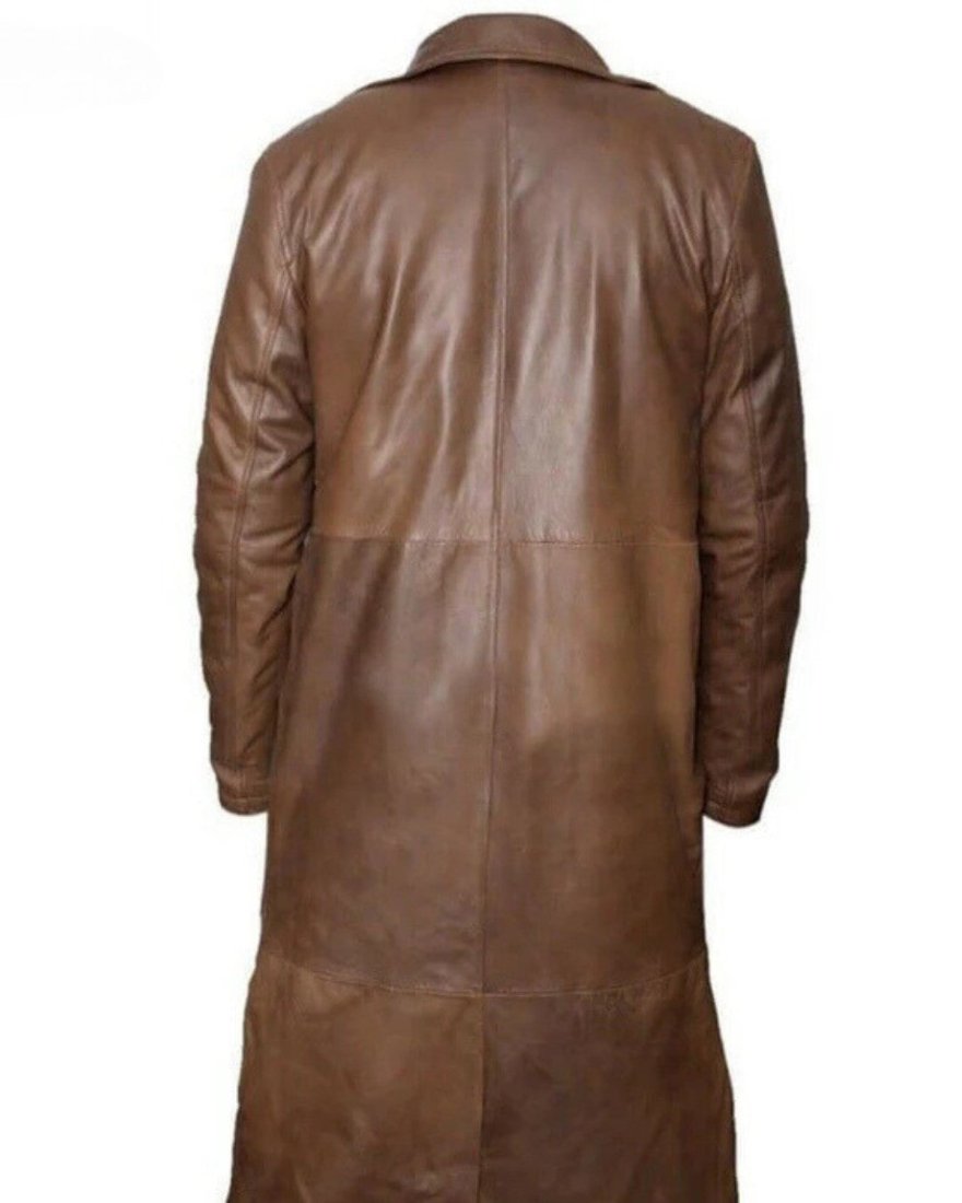 Picture of our Mens Leather Trench Coat Full Length in brown, on a mannequin, back view.