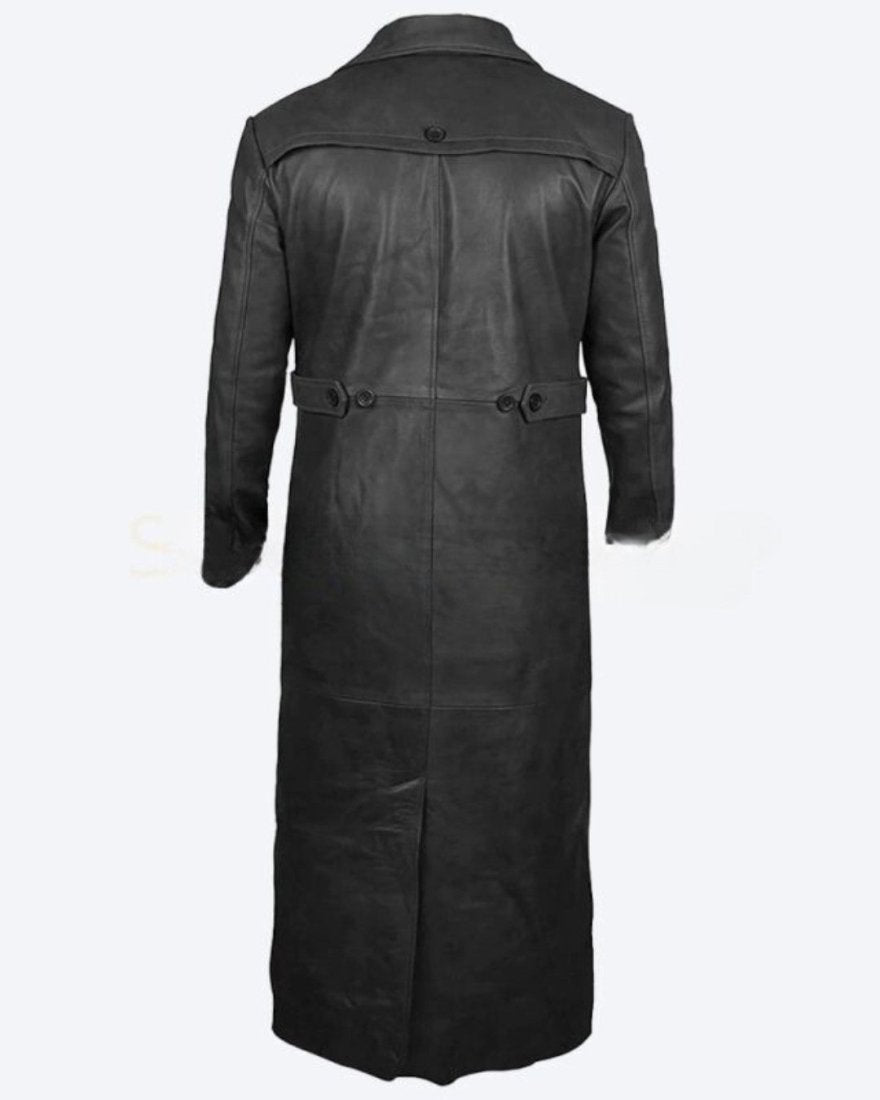 Picture of our Picture of our Mens Leather Trench Coat Full Length in Black , back view.  trench coat is on a mannequin.