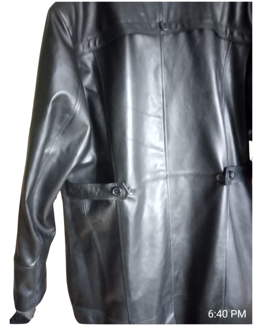 Picture of our Mens Leather Trench Coat Full Length in Black , back view. Image is on a hanger taken at our factory after production.