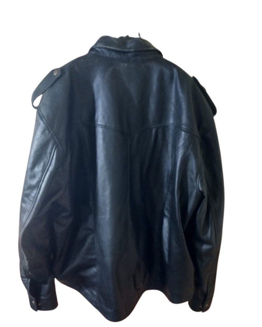 Picture of our mens leather uniform shirt in black, back 1 view.