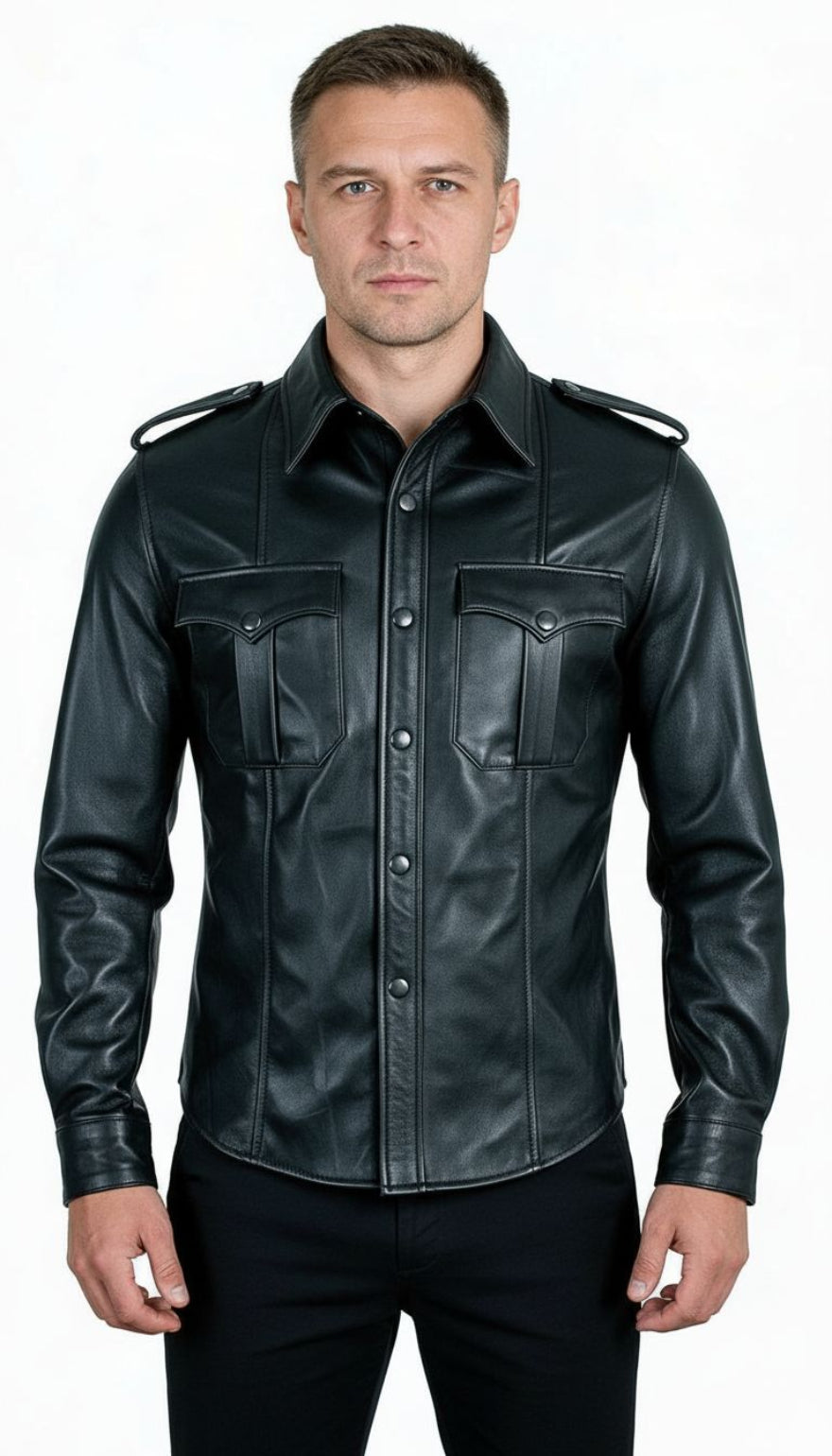 Man wearing our black leather uniform shirt with shoulder epaulets on a white background. front view.