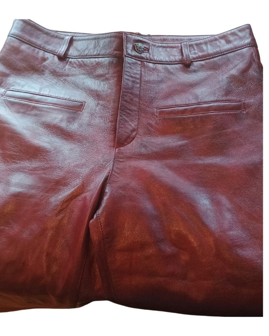 Picture of  our Mens Maroon Flare Leather Pants, Front view.