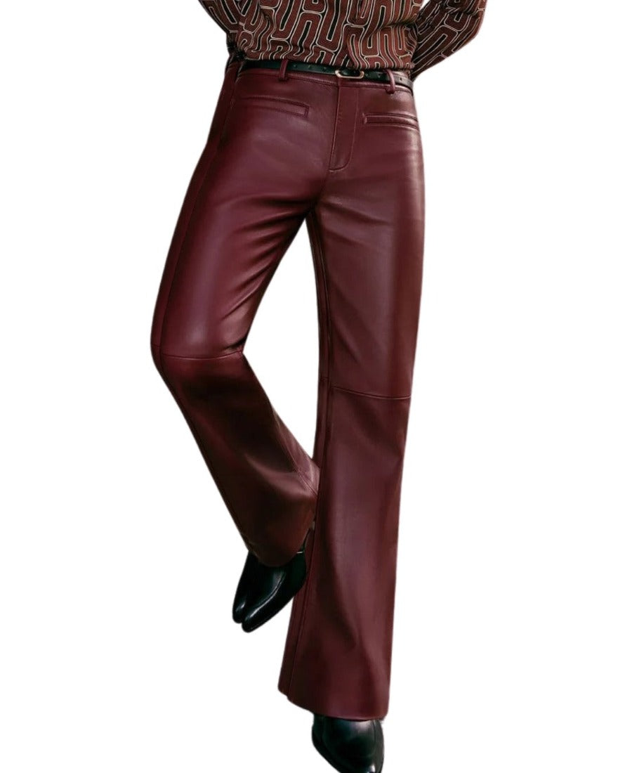 Picture of a model wearing our Mens Maroon Flare Leather Pants,  a different Front view.