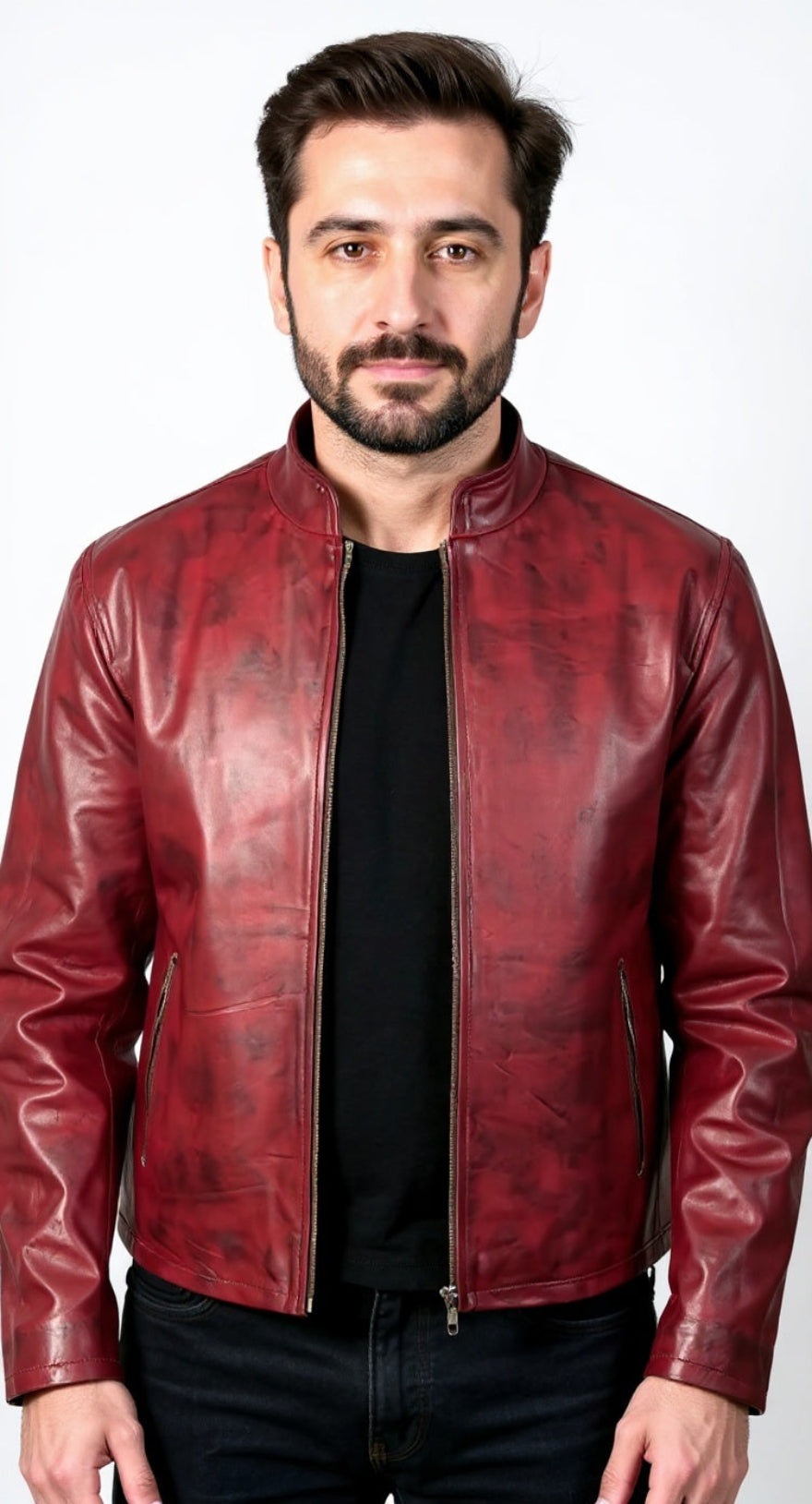 Man wearing a Mens Maroon Leather Jacket-on a white background, front view.
