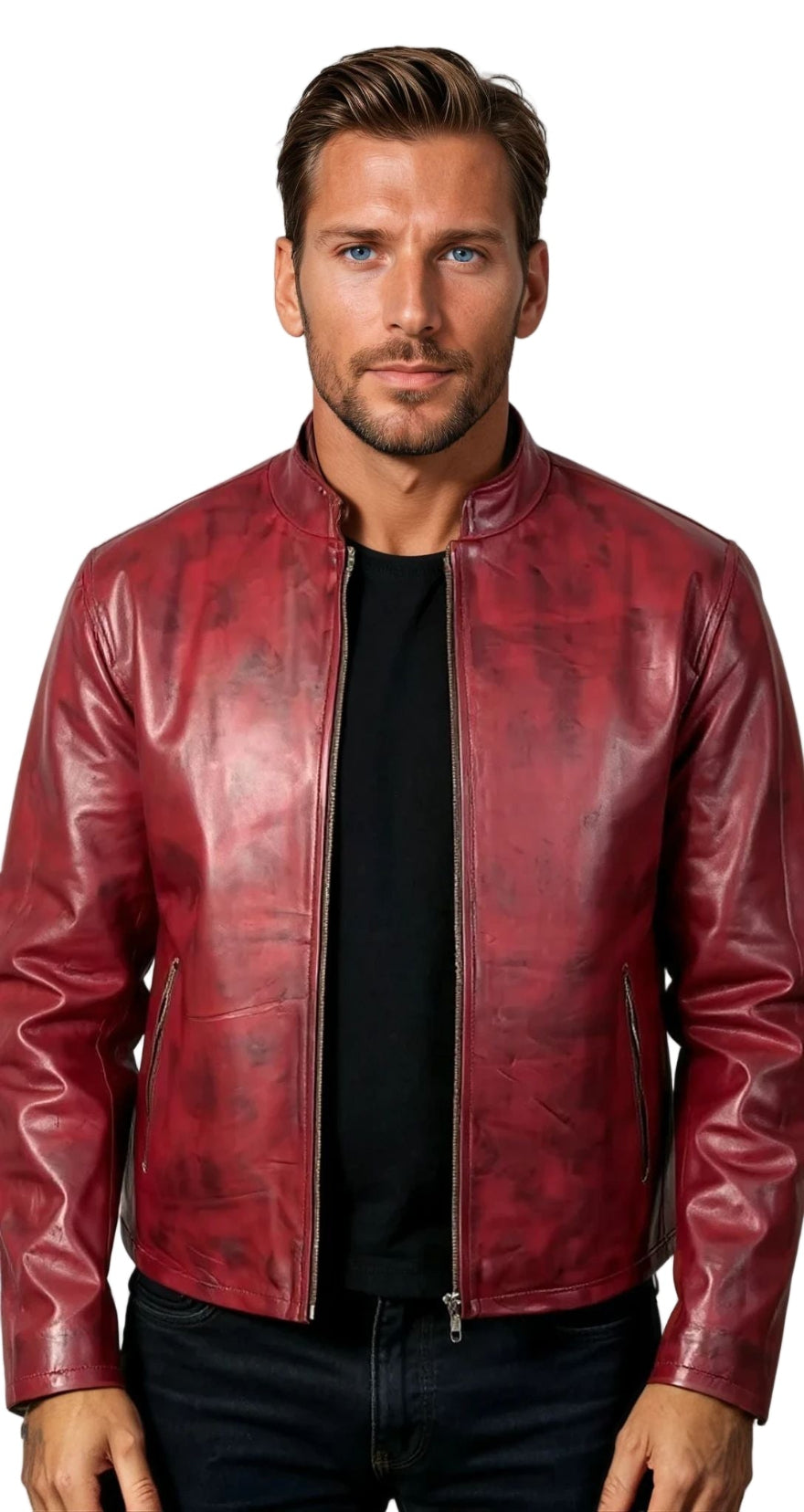Man wearing a Mens Maroon Leather Jacket-on a white background, front view.