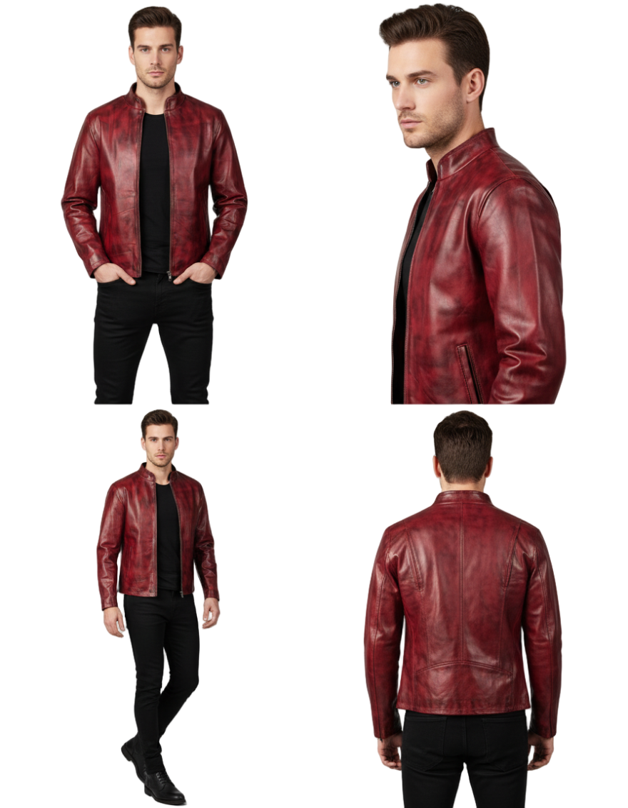 Man wearing a Mens Maroon Leather Jacket-on a white background,  displayed from multiple angles on a white background