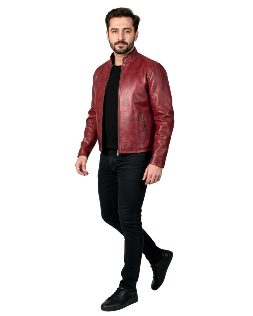 Man wearing a Mens Maroon Leather Jacket- and black pants on a white background, full side view.