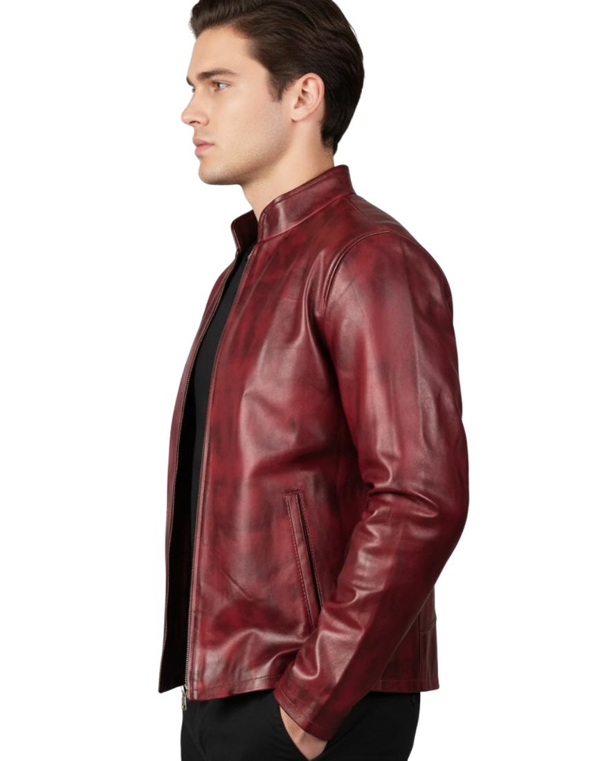 Man wearing a Maroon Leather Jacket-on a white background, side view. 