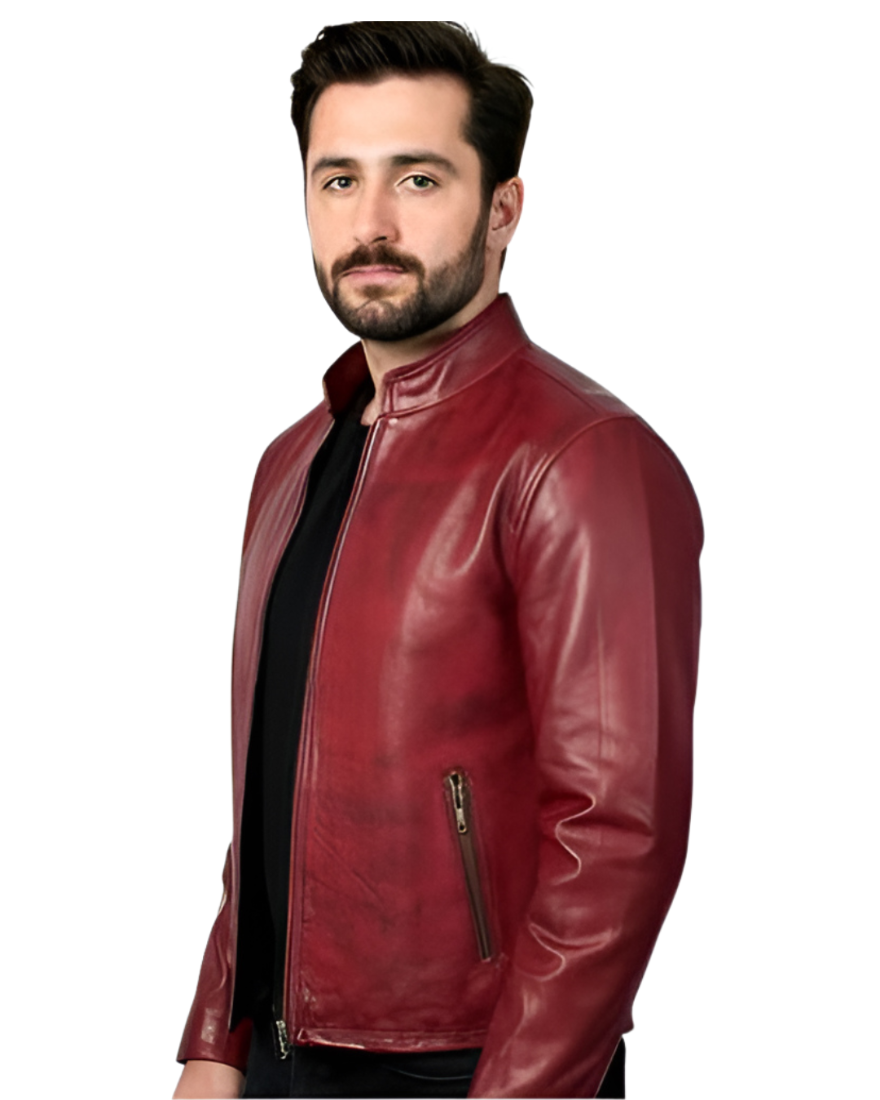 Man wearing a Mens Maroon Leather Jacket-on a white background, front view.