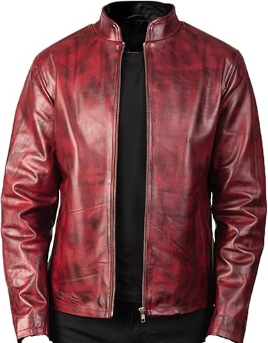 Picture of our Mens Maroon Leather Jacket, front view.